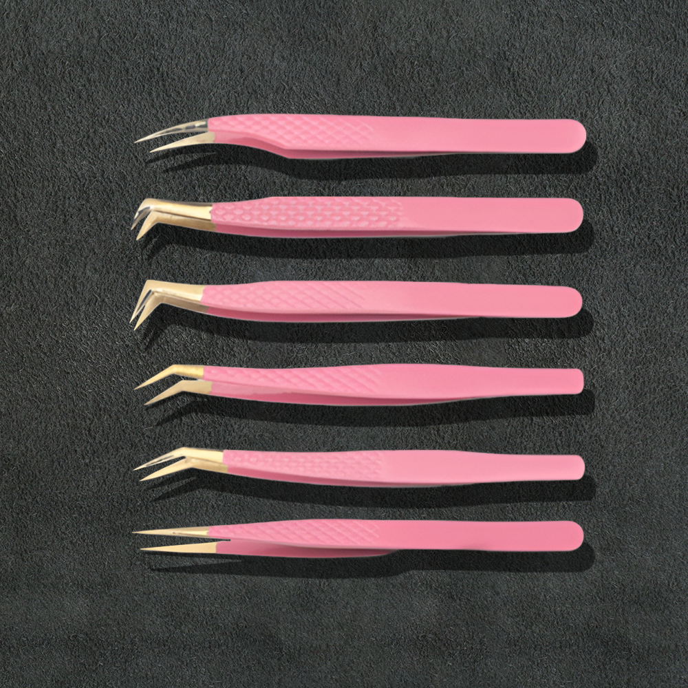 J5 - 157 Professional Germany SS Eye Lashes Tweezers Set of 6 Light Pink