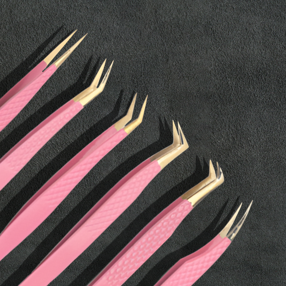 J5 - 157 Professional Germany SS Eye Lashes Tweezers Set of 6 Light Pink