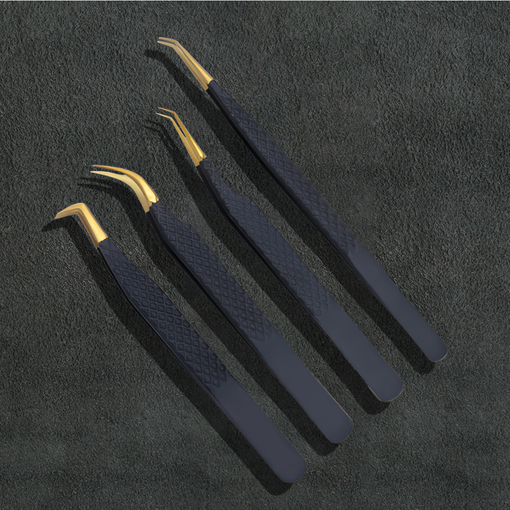 J5 - 169 Professional Germany SS Eye Lashes Tweezers Black and Gold Tip Set of 4