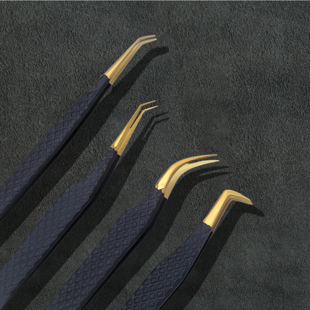 J5 - 169 Professional Germany SS Eye Lashes Tweezers Black and Gold Tip Set of 4