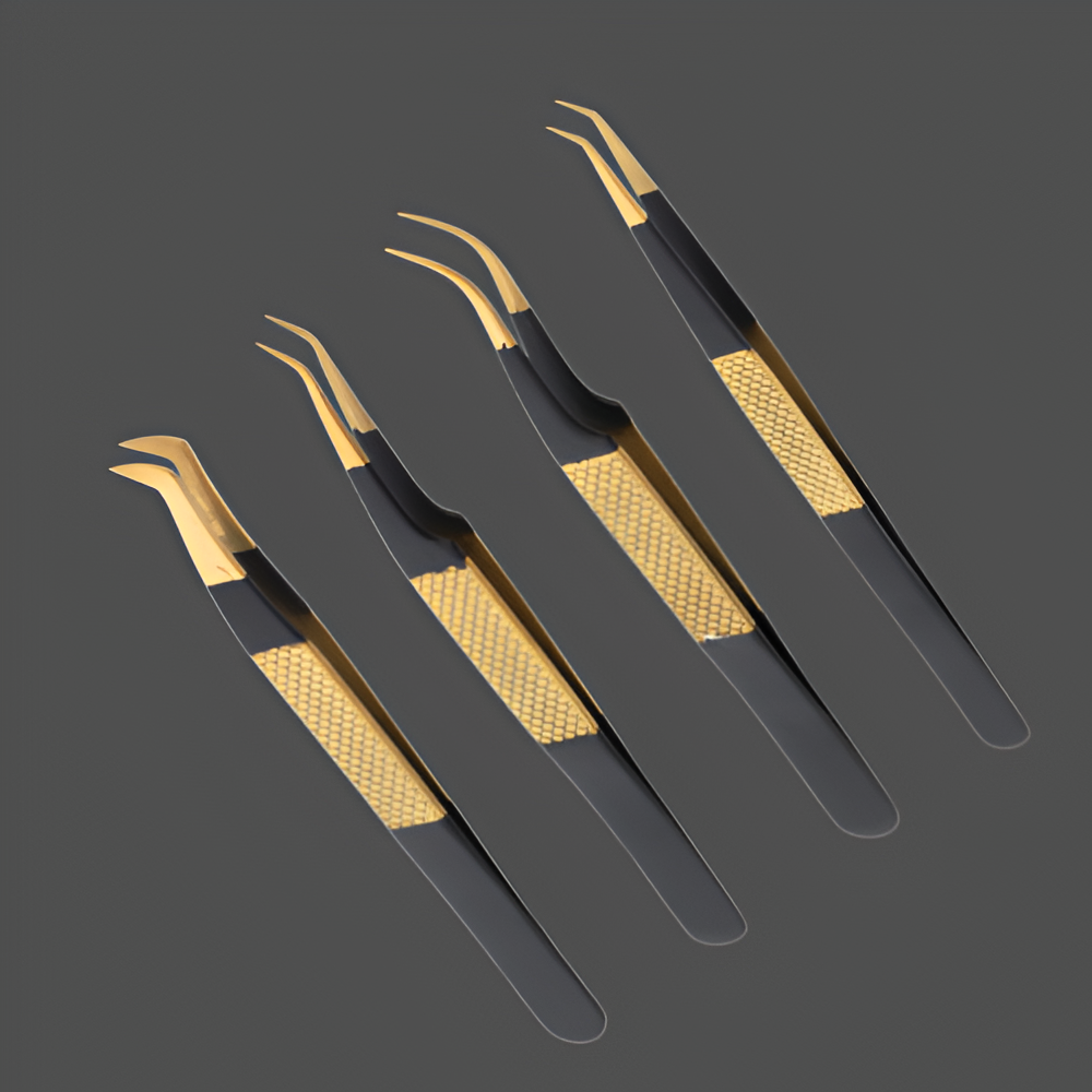 J5 - 180 Eye Lashes Tweezers Set of 4 Gold Black Gold