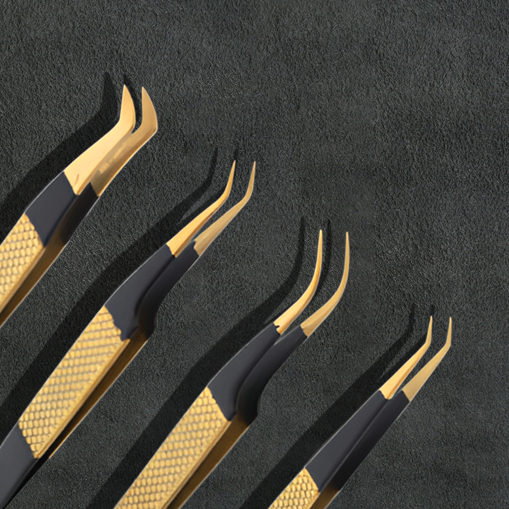 J5 - 180 Professional Eye Lashes Tweezers Set of 4 Gold Black Gold