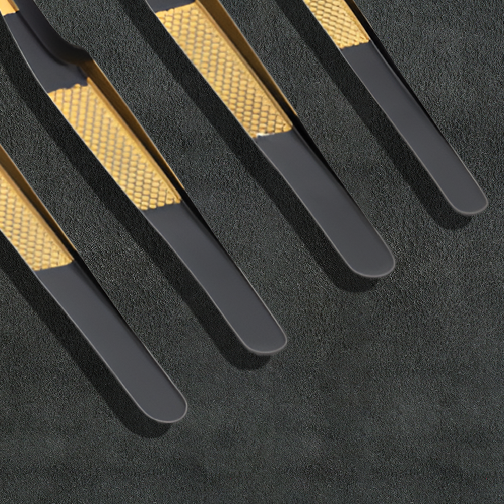 J5 - 180 Professional Eye Lashes Tweezers Set of 4 Gold Black Gold