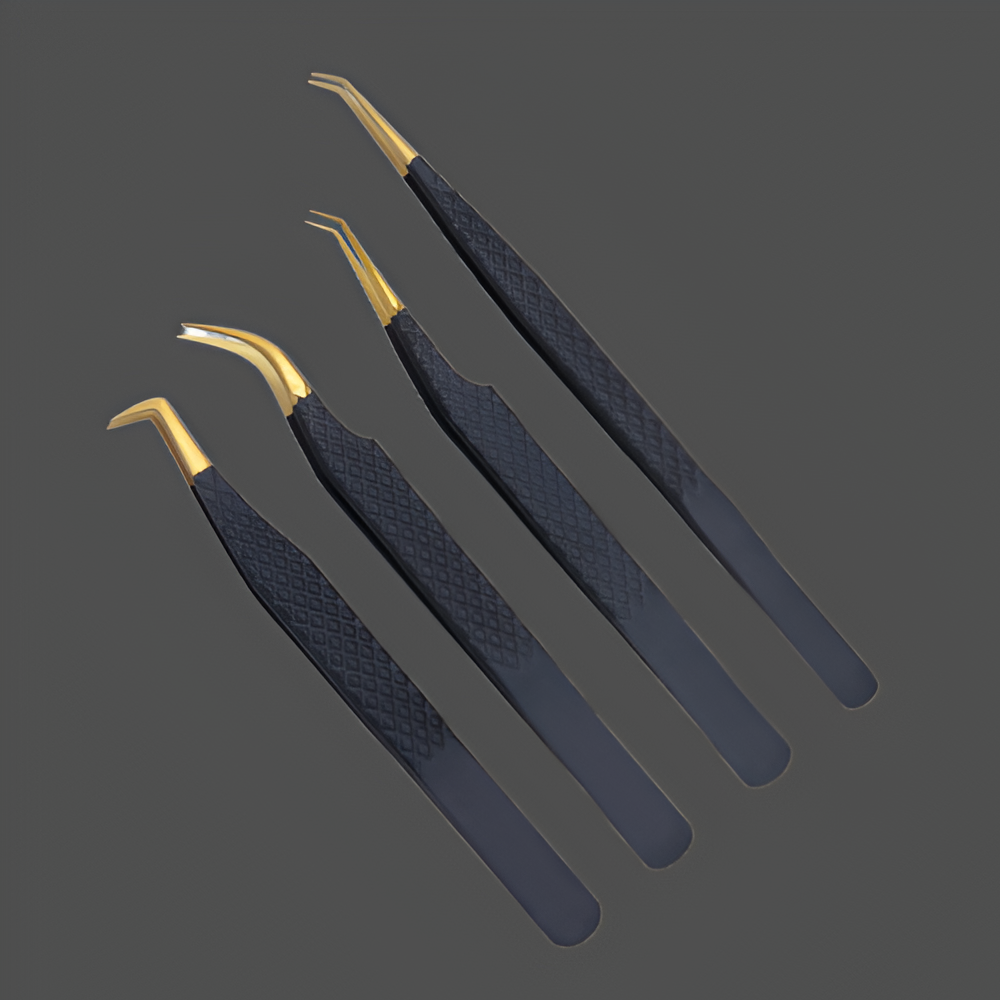 J5 - 169 Eye Lashes Tweezers Black and Gold Tip Set of 4