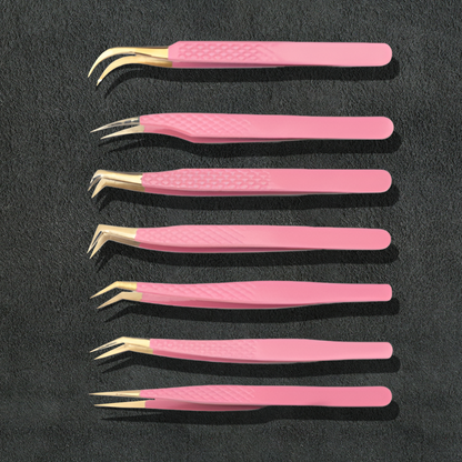 J5 - 156 Professional Germany SS Lashes Tweezer Set of 7 light Pink