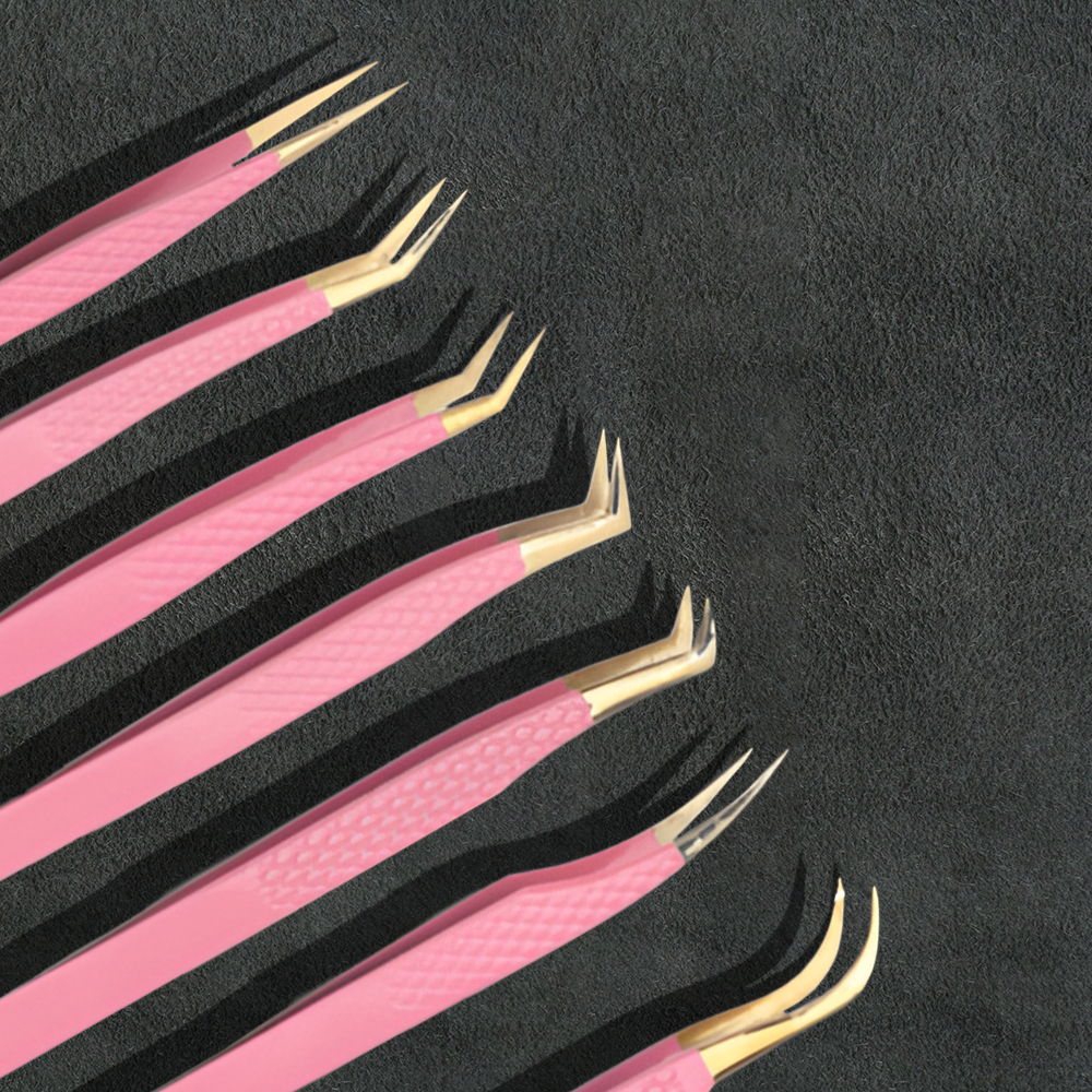 J5 - 156 Professional Germany SS Lashes Tweezer Set of 7 light Pink