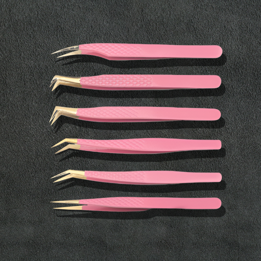 J5 - 157 Professional Germany SS Eye Lashes Tweezers Set of 6 Light Pink
