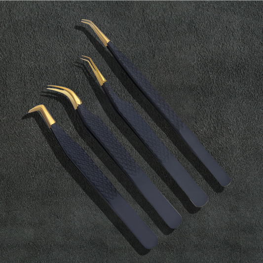 J5 - 169 Professional Germany SS Eye Lashes Tweezers Black and Gold Tip Set of 4