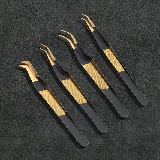 J5 - 180 Professional Eye Lashes Tweezers Set of 4 Gold Black Gold